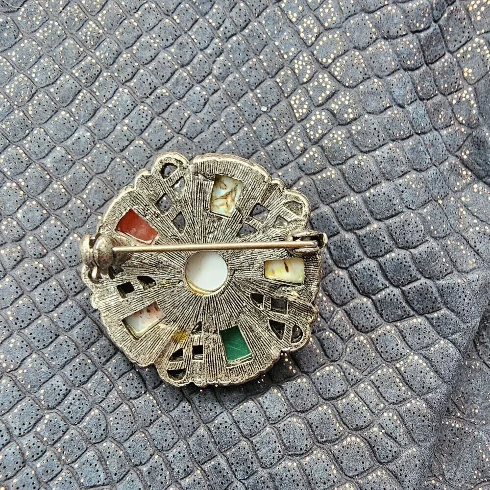 Vintage Multicolor Gemstone Brooch Pin Metalwork Circular Design Jewelry - Picture 5 of 7